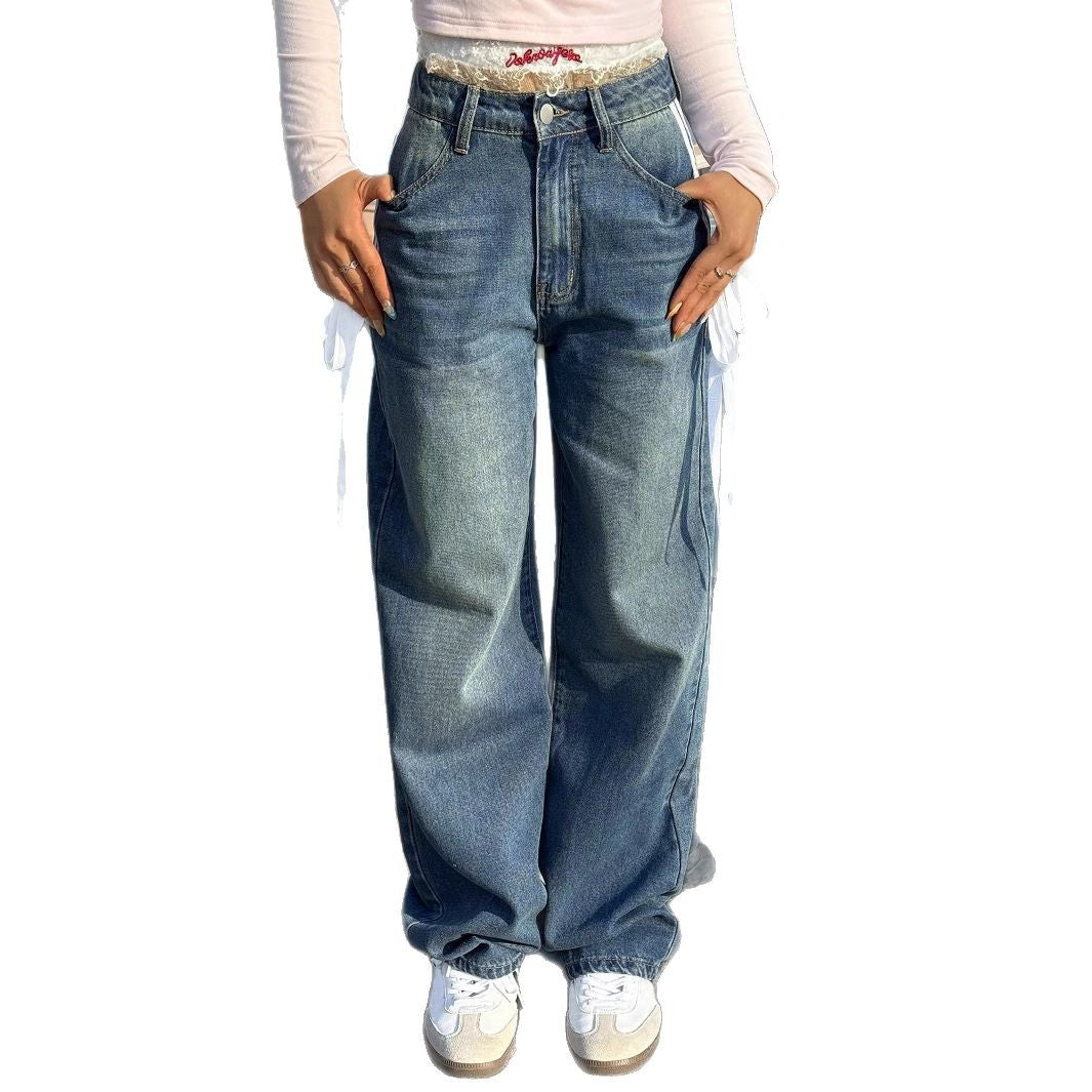 Ladies Wide High-Waist Denim Jeans with Decorative Side Stripes and Straight Leg Chichicherry