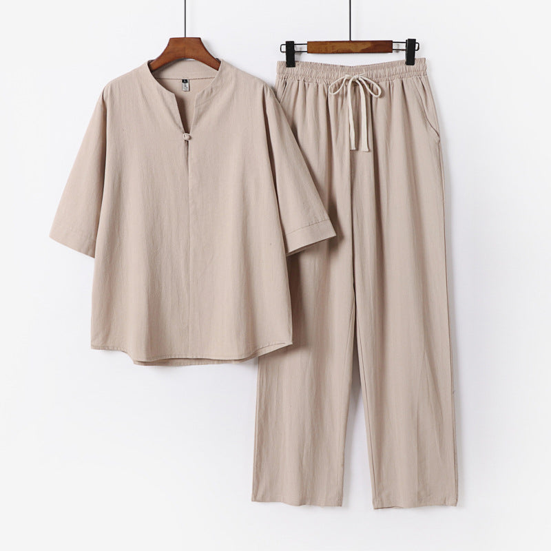 Unisex Lockeres Lounge Set with Stand Collar Half Sleeve Shirt and Elastic Waist Pants Chichicherry