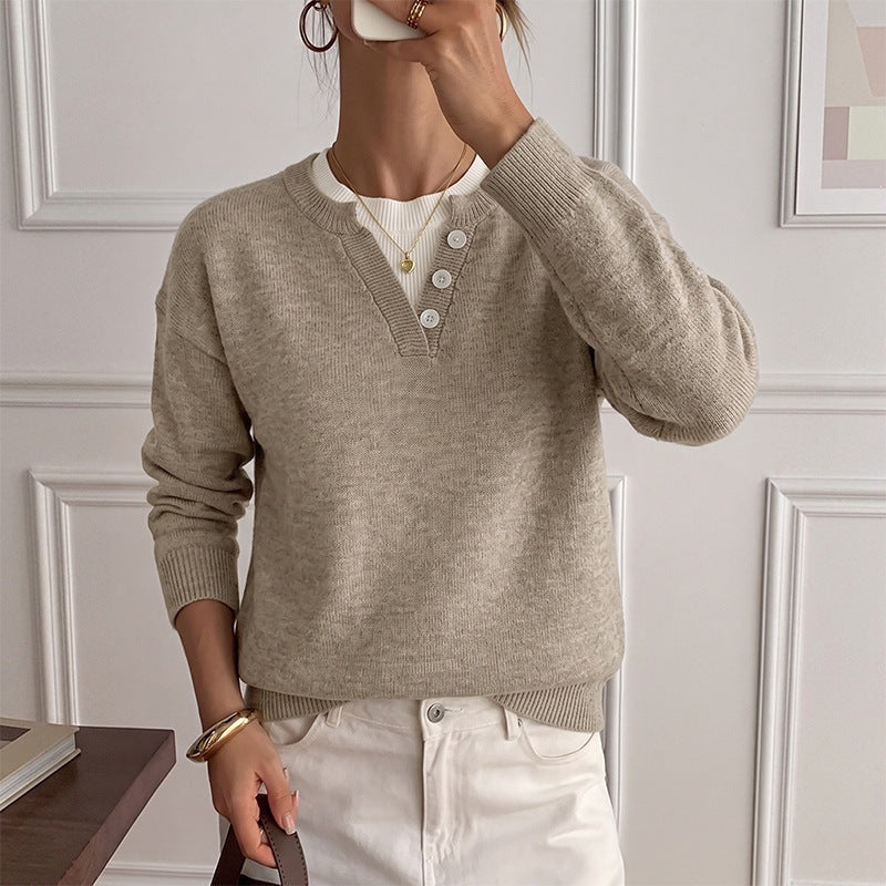 Women Lightweight Henley Knit Sweater with Button Placket, Ribbed Cuffs and Relaxed Fit Chichicherry