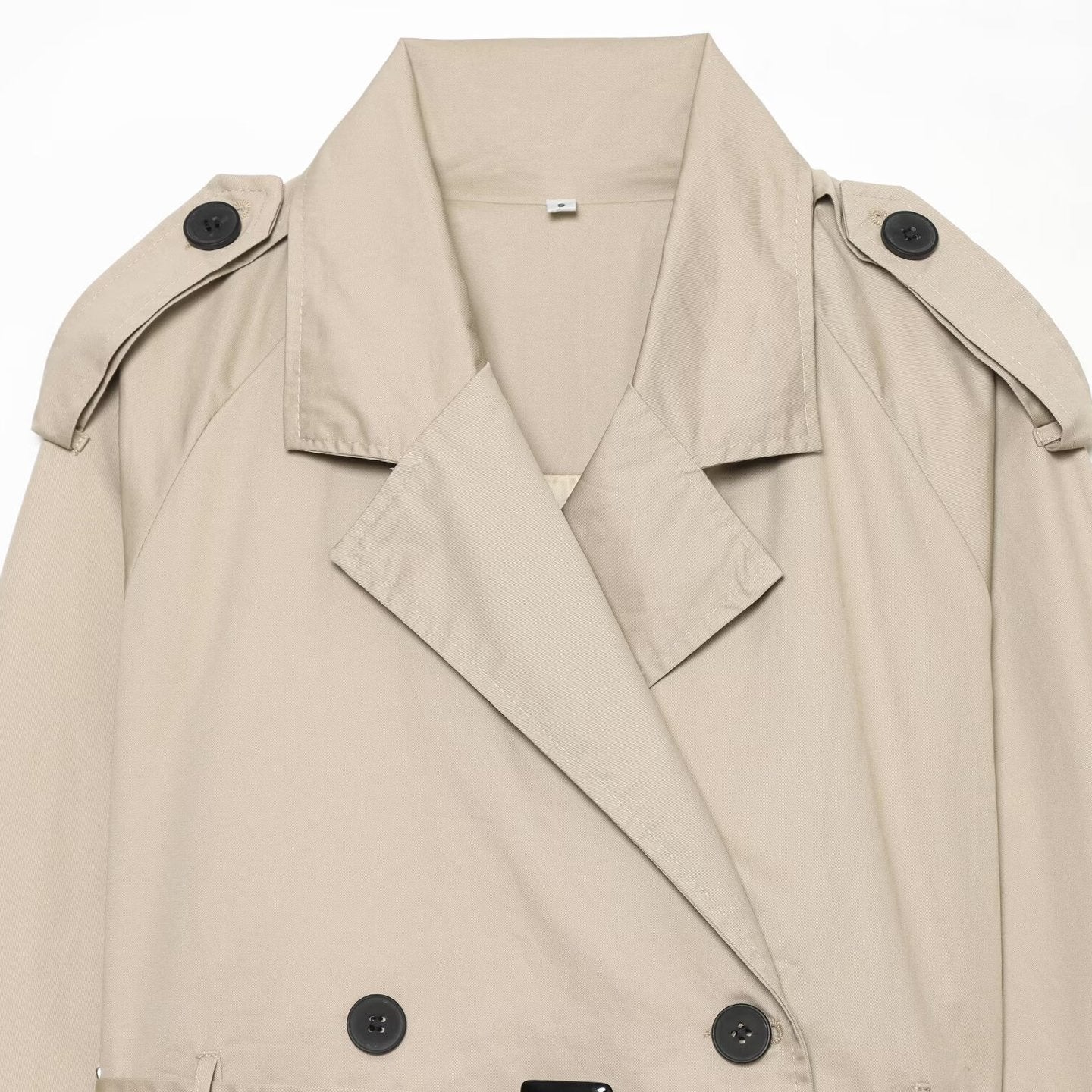 Women's short blouson trench coat with double-breasted button placket, shoulder epaulets, and waist belt Chichicherry