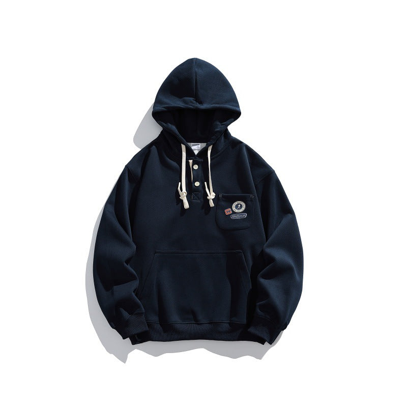 Unisex Hooded Hoodie in Henley Style with Chest Pocket & Kangaroo Pocket Chichicherry