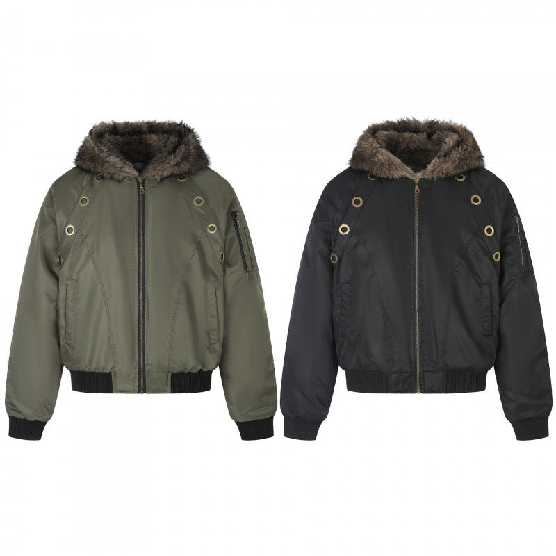 Women's short-cut bomber jacket with faux fur hood, metal eyelets and zipper Chichicherry