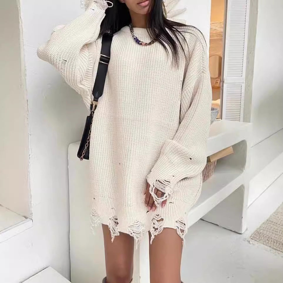Damen Oversized Strickkleid mit Destroyed-Saum und Ballonärmeln Chichicherry