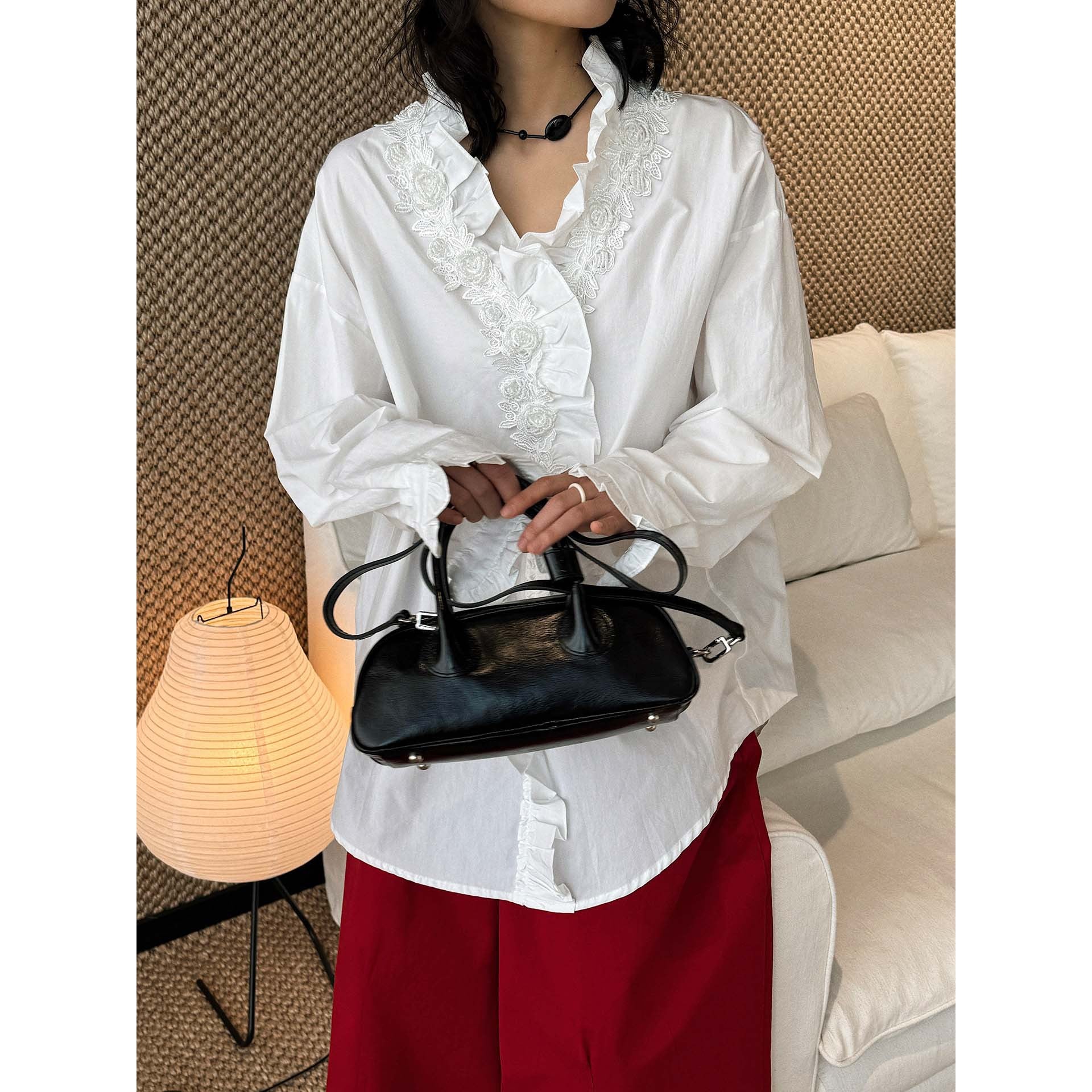 Women Oversize Blouse with Ruffle Trim and Lace Trim Chichicherry