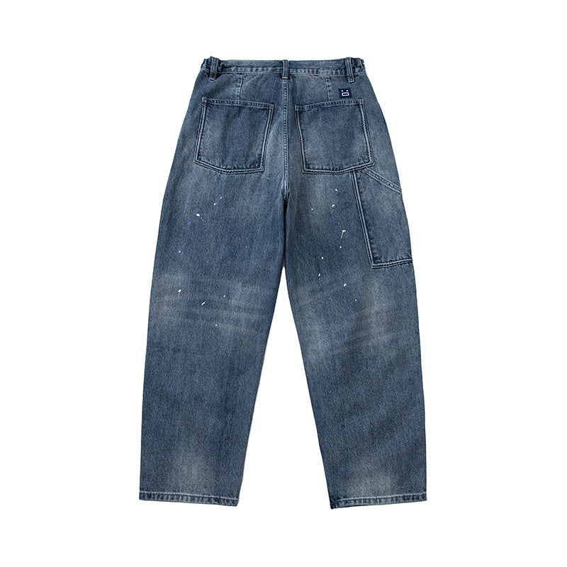 Women's Loose-Fit High-Waist Jeans with Drawstring, Color-Splatter and Vintage Wash Chichicherry