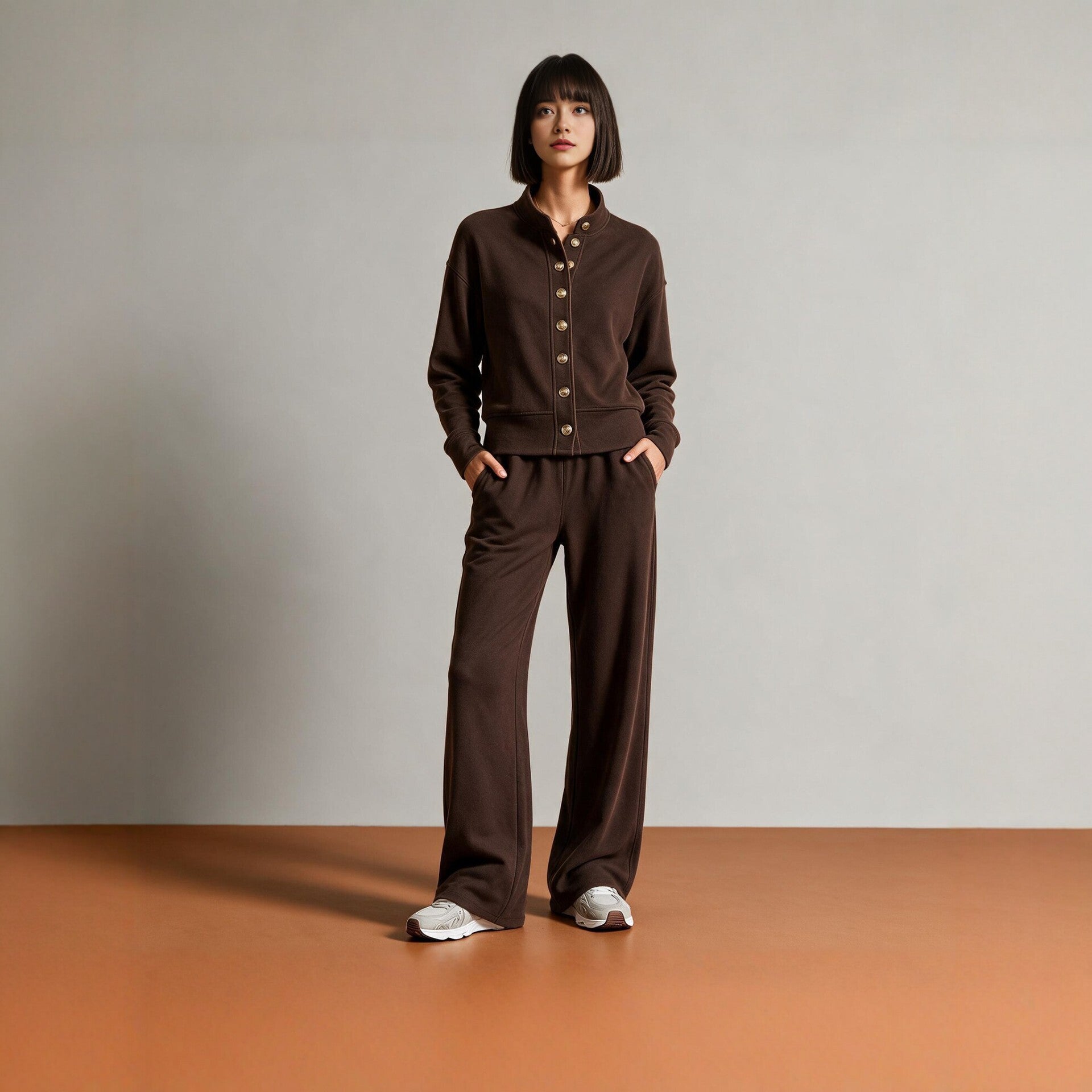 Damen Sweatjacke mit Druckknopfleiste, Stehkragen und weichem Lounge-Schnitt Chichicherry