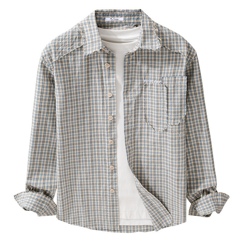 Men's check overshirt with frayed hem, chest pocket, and relaxed fit Chichicherry