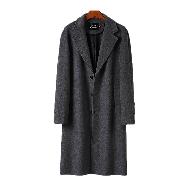 Men's Maxi Length Wool Coat with Clean Cut, Narrow Lapel and Concealed Lining Chichicherry