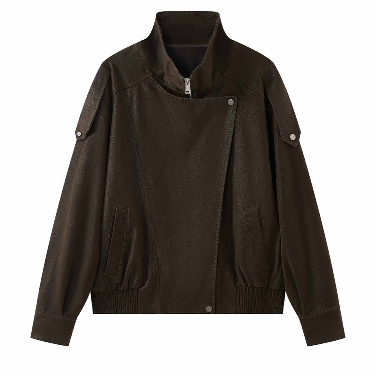 Women's Oversized Leather Jacket with High Collar and Asymmetrical Snap Placket Chichicherry