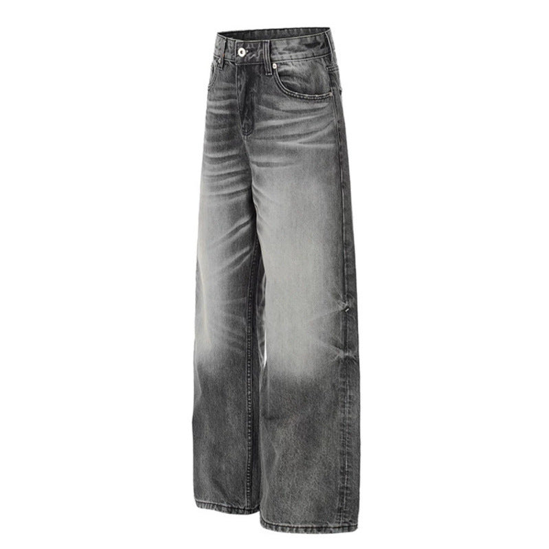 Ladies High-Waisted Wide-Leg Denim Pants with Used-Fade Effect Chichicherry