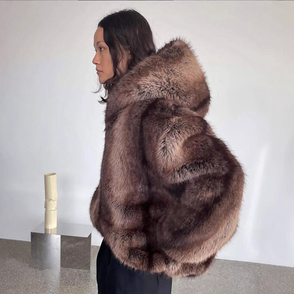 Women's Boxy Faux Fur Hoodie with Voluminous Hood and Loose Silhouette Chichicherry