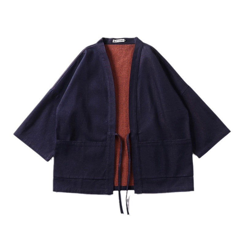 Unisex Light Denim Kimono Jacket with Contrast Lining and Tie Belt Chichicherry