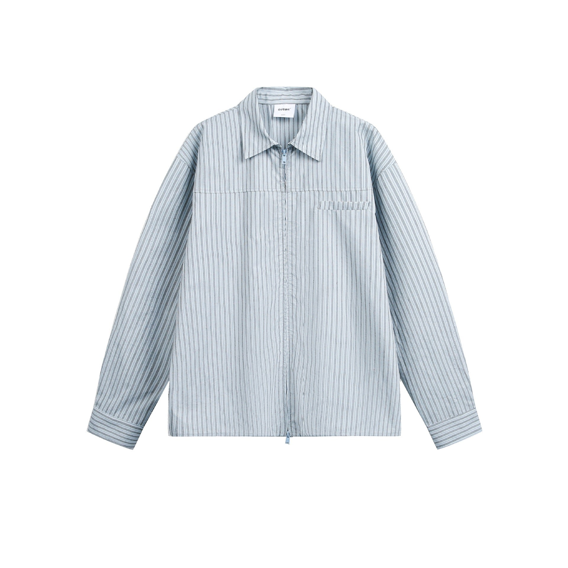 Men Striped Overshirt with Two-Way Zipper and Chest Pocket Chichicherry
