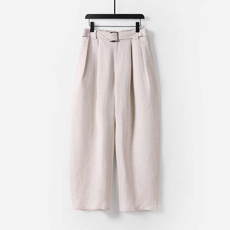 Women High-waisted wide linen blend pants with pleats and fabric belt Chichicherry