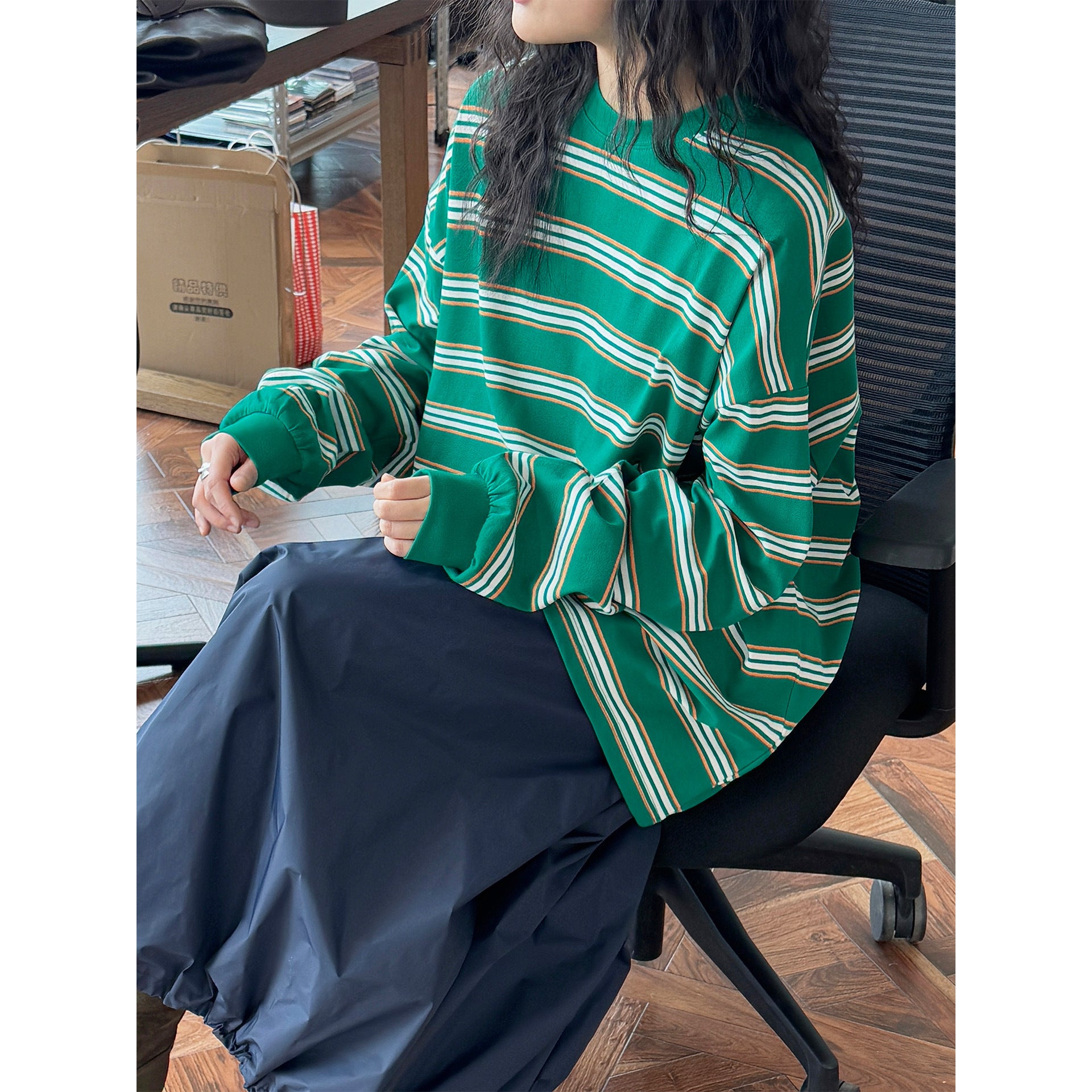 Women's Oversized Striped Cotton Jersey Long Sleeve with Dropped Shoulder Chichicherry
