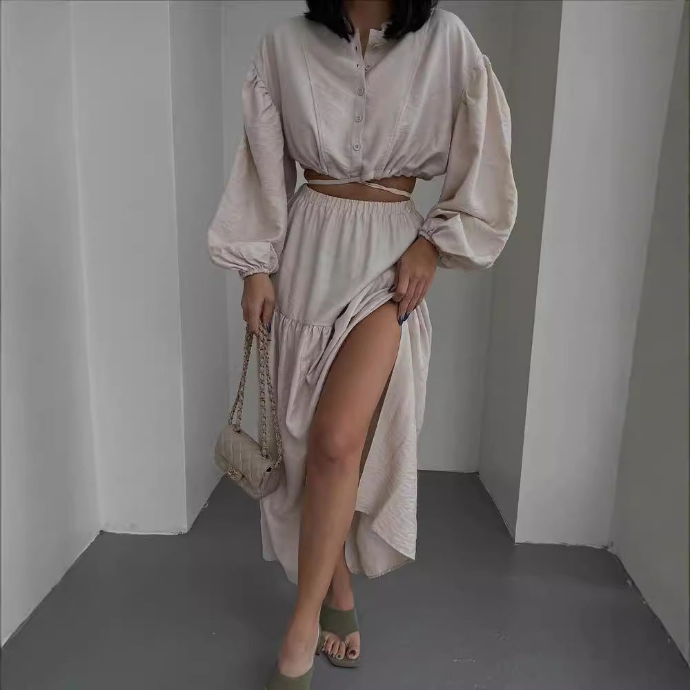Damen Zweiteiliges Boho-Set mit Cropped-Bluse und Maxirock mit Schlitz Chichicherry