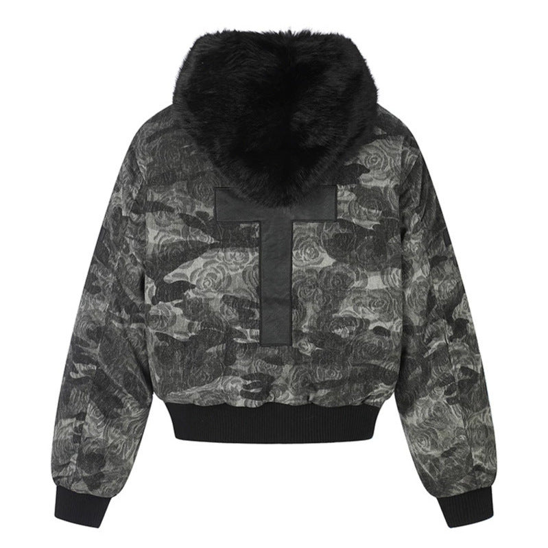 Ladies padded bomber jacket with faux fur hood, rose jacquard and zipper details Chichicherry