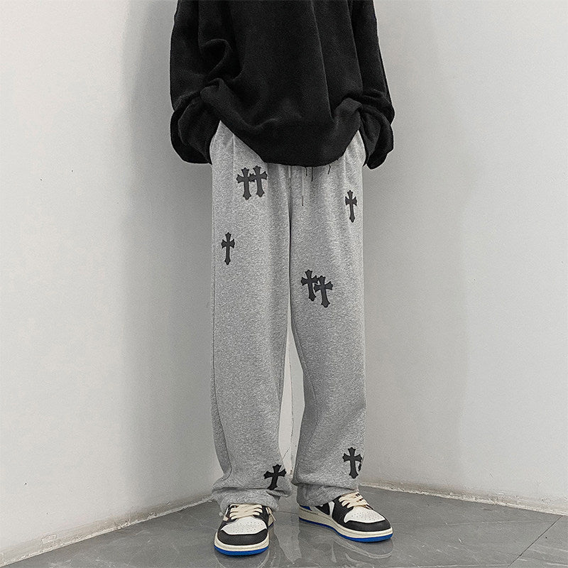 Men's wide cotton jogging pants with all-over cross print and elastic drawstring waistband Chichicherry