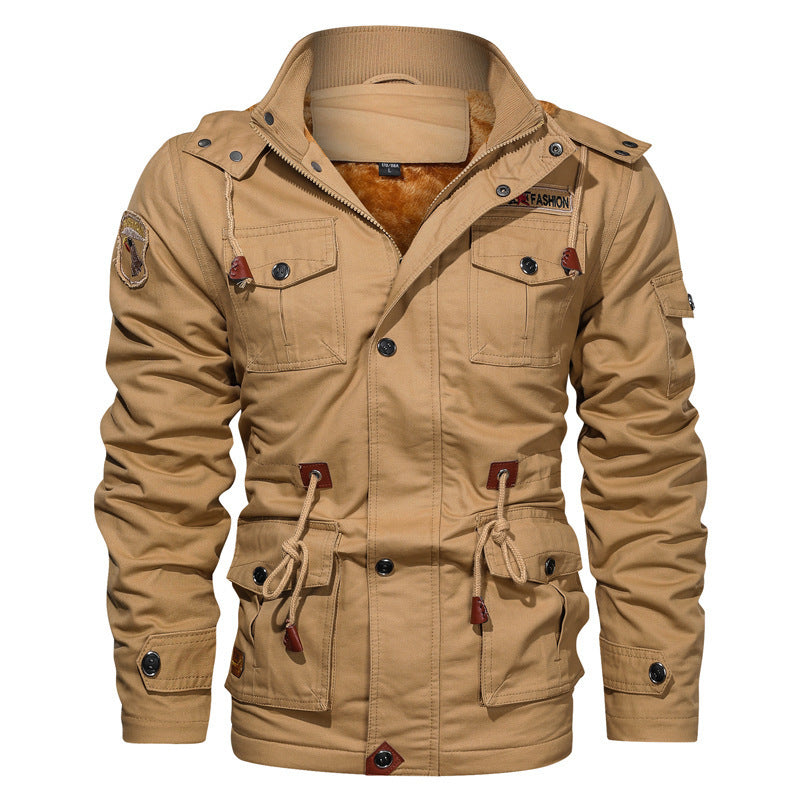Men's canvas parka in military utility style with teddy fleece lining, drawstring waist, and multifunctional pockets Chichicherry