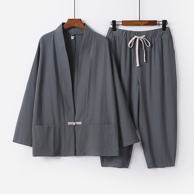 Unisex Casual Kimono Loungewear Set made of lightweight Linen Blend with Drawstring Pants Chichicherry