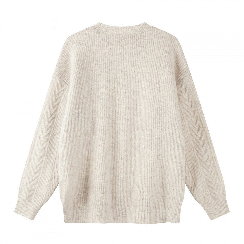 Unisex Oversized Chunky Knit Sweater with Herringbone Pattern and Round Neck Chichicherry