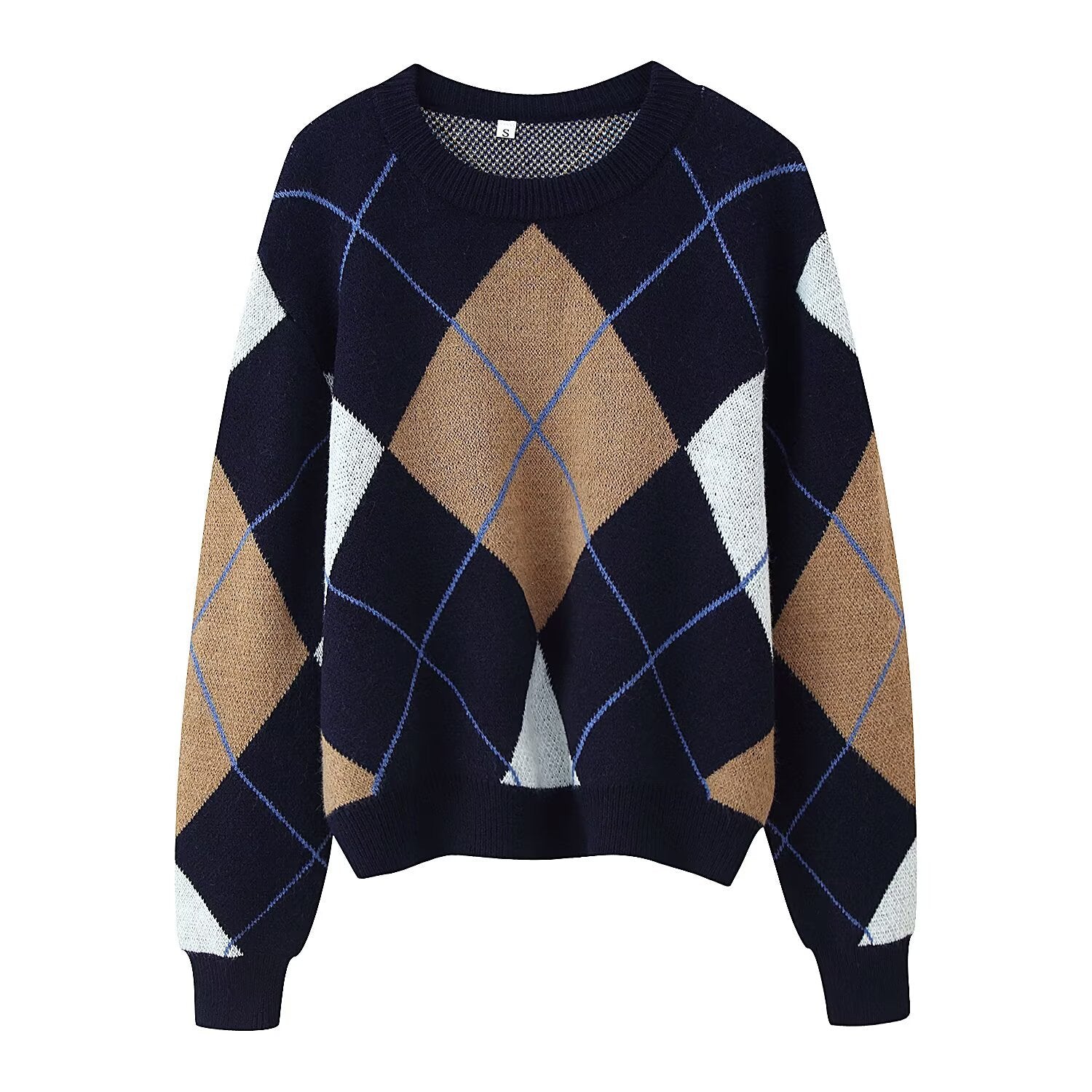 Women's Diamond Argyle Knit Sweater with Round Neck and Slightly Oversized Cut Chichicherry