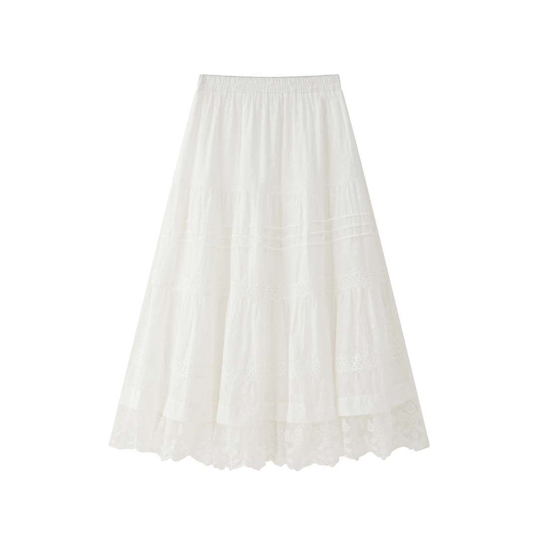 Women Long Tiered Skirt with Lace Layers and Elastic Waistband Chichicherry