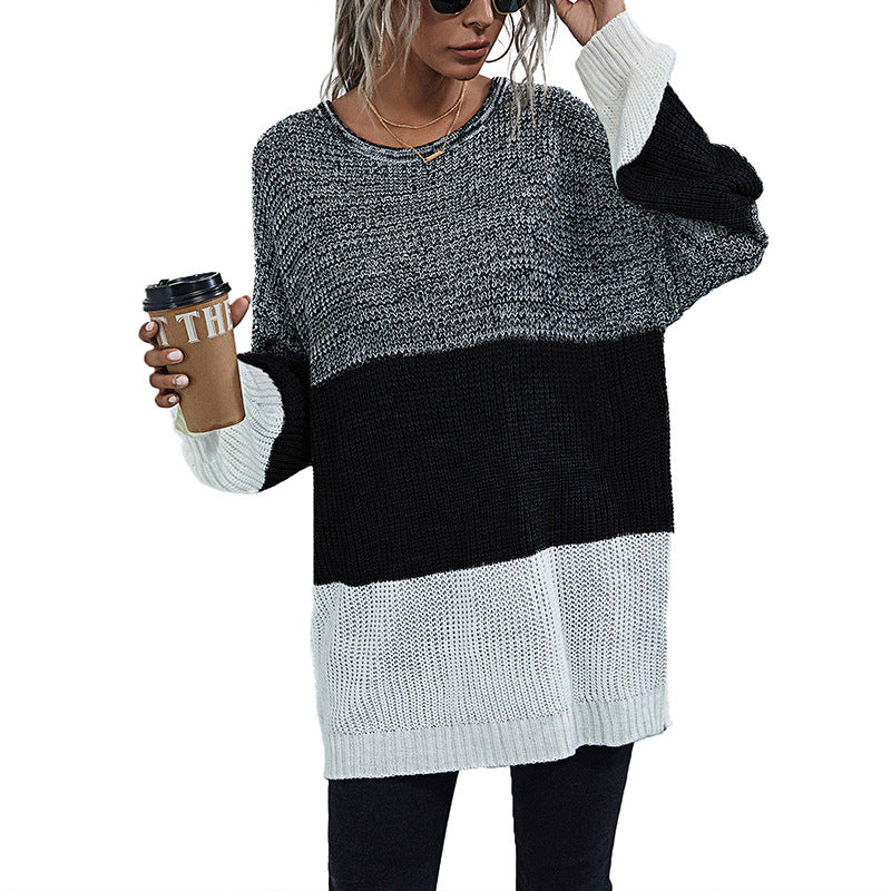 Women Oversize Knit Sweater with Colorblock Inserts, Round Neck and Tunic Silhouette Chichicherry