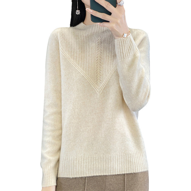 Women's Loose Mohair Blend Sweater with Textured V Panel and Stand-up Collar Chichicherry