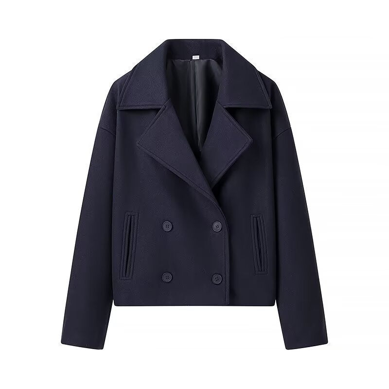 Women's Short Double-Breasted Boxy Peacoat made of Wool Blend with Wide Lapels Chichicherry