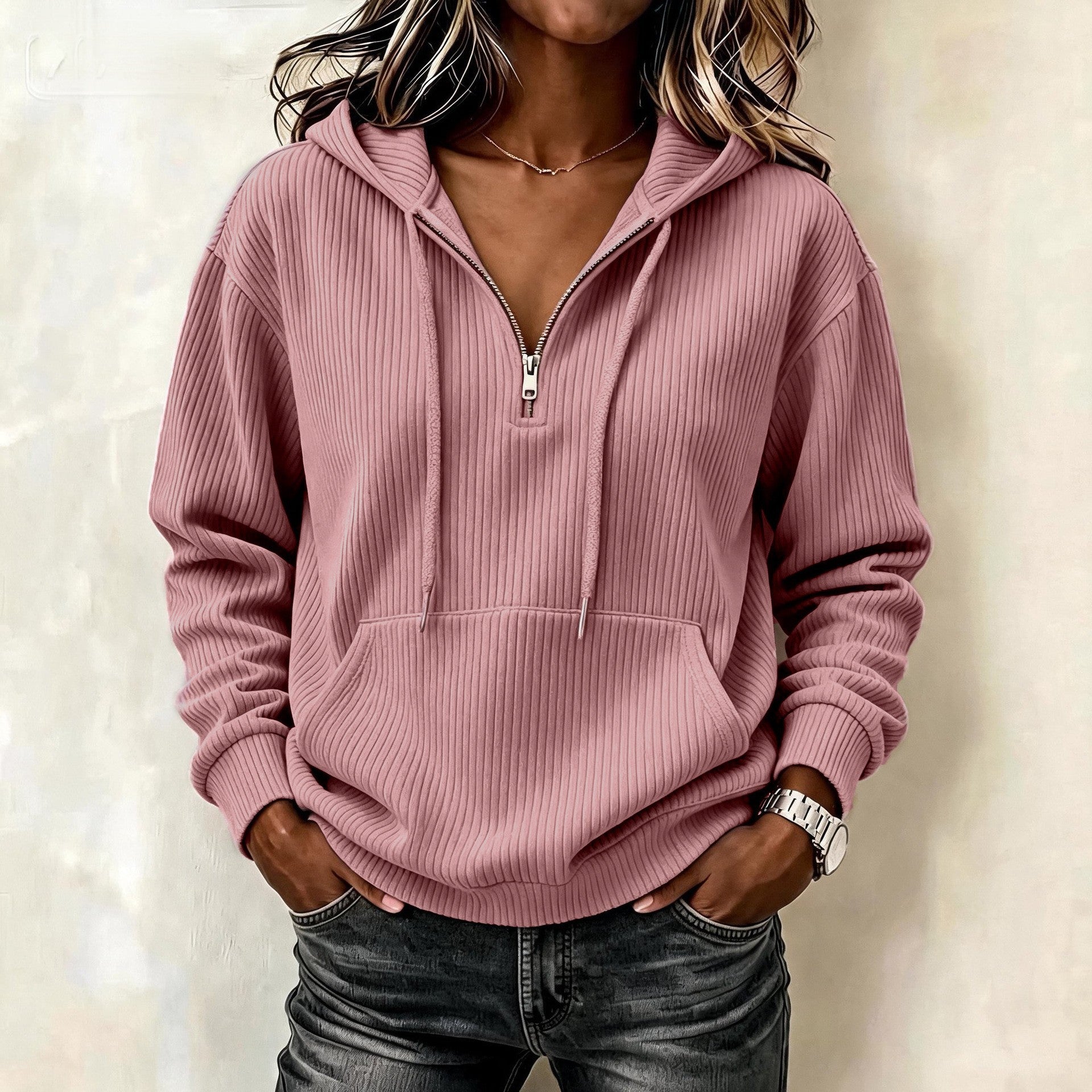 Damen Gestrickter Ripp-Hoodie mit halbem Reißverschluss, Kängurutasche und Oversize-Schnitt Chichicherry