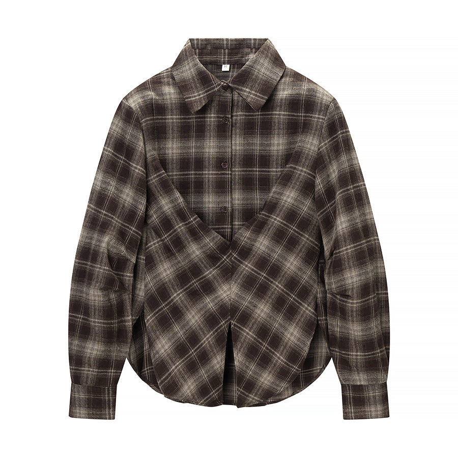 Women's Checked Cotton Shirt with Wrap Draping and Oversized Silhouette Chichicherry