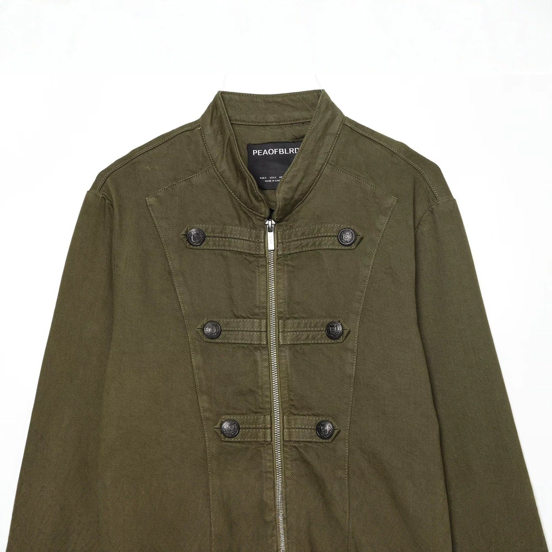 Women's Short Military-inspired Jacket with Stand Collar, Decorative Button Plackets and Full Zip Chichicherry