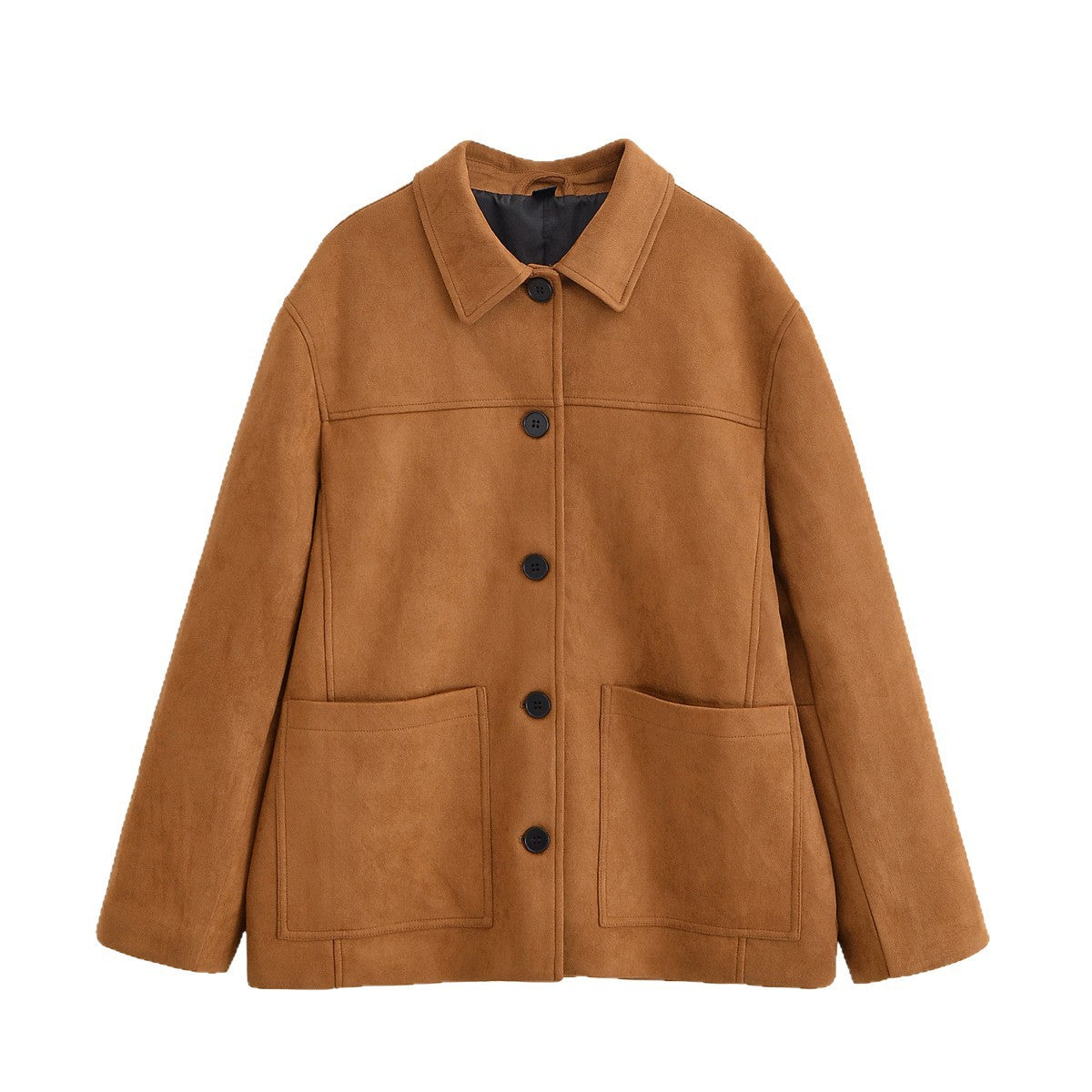 Women's Boxy Utility Jacket in Suede Look with Shirt Collar and Large Patch Pockets Chichicherry