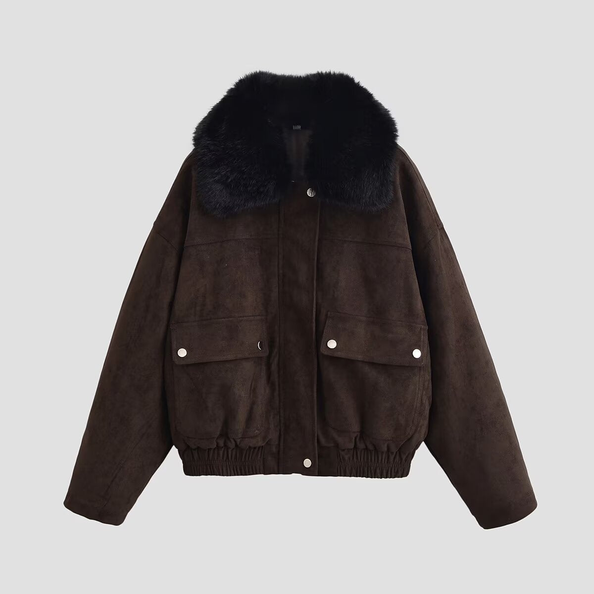 Women's Oversize Bomber Jacket made of Suede Imitation with Large Faux Fur Collar Chichicherry