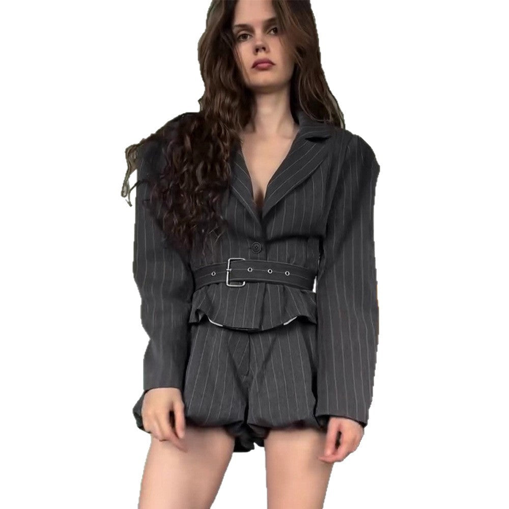 Women's Tailored Pinstriped Blazer with Shoulder-Emphasizing Balloon Sleeves and Waist Belt Chichicherry