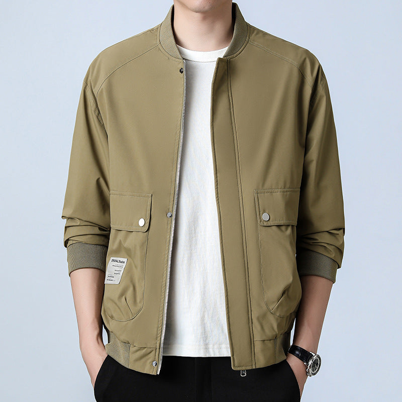 Men's Lightweight Utility Bomber Jacket with Concealed Zipper, Flap Pockets, and Ribbed Cuffs Chichicherry