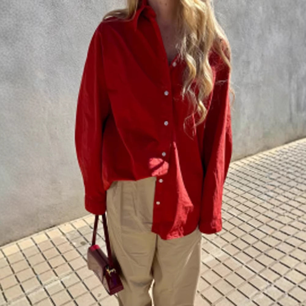 Women's loose-fitting cotton blouse with full button placket, shirt collar & roll-up sleeves Chichicherry
