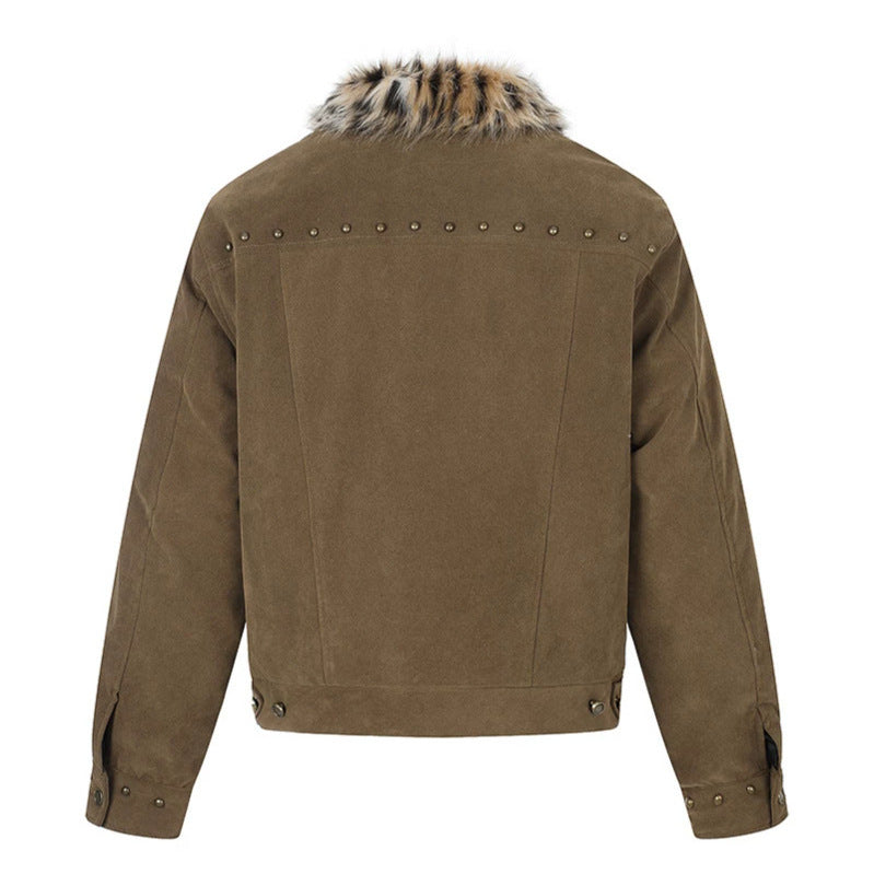Men's suede trucker jacket with faux fur collar, stud embellishments and snap button closure Chichicherry