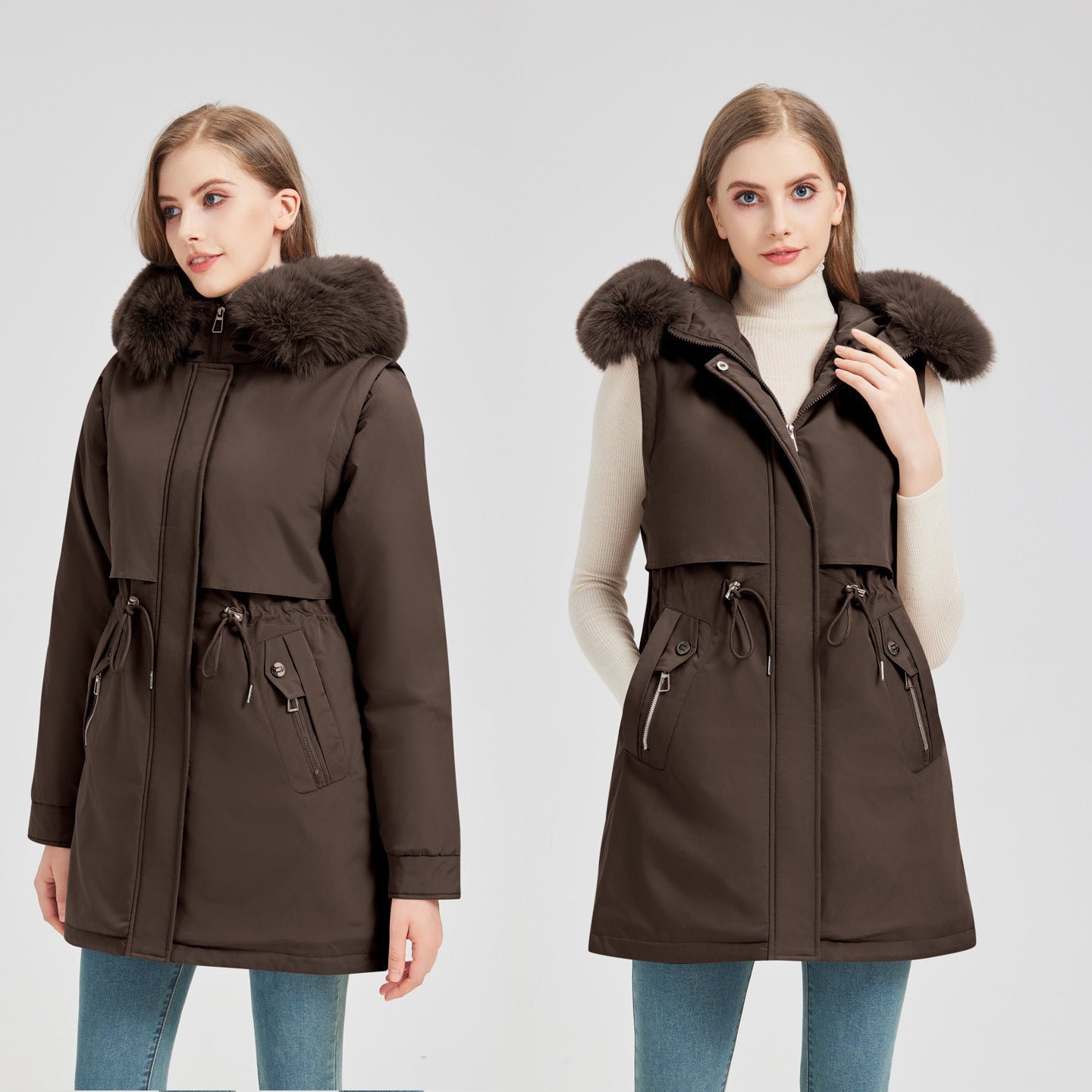 Women's tailored functional parka with asymmetrical front flap, adjustable drawstring, and wind-resistant stand-up collar Chichicherry