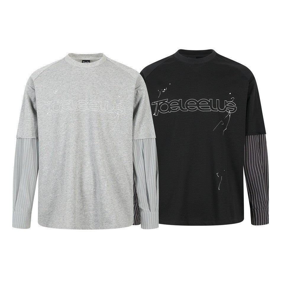 Unisex Layer Long Sleeve Shirt with Half Sleeve Overlay, Striped Contrast Sleeves and Tone-on-Tone Logo Chichicherry