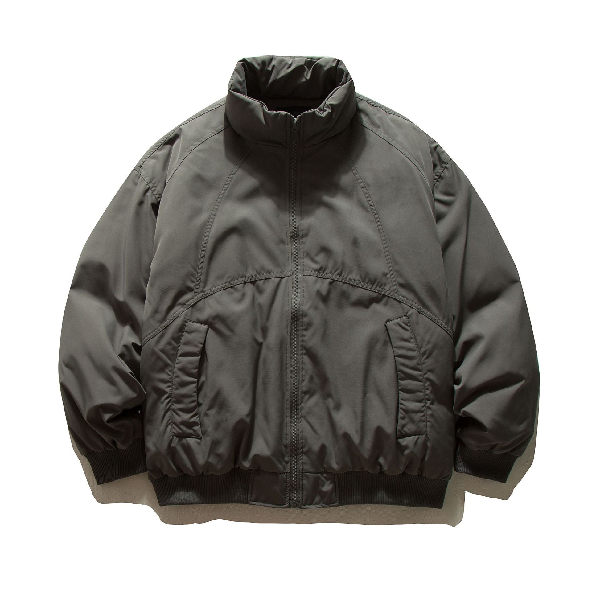 Men's boxy padded bomber jacket with high stand-up collar, elastic hem, and practical side pockets.