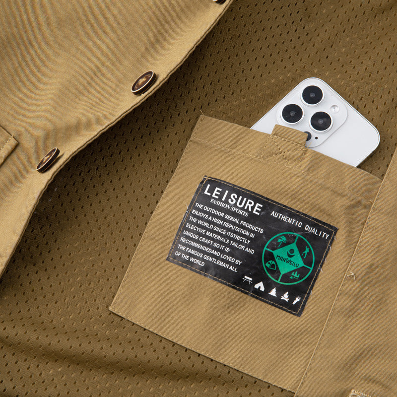 Men's Sleeveless Utility Canvas Vest with V-Neck, Button Placket, and Patch Pockets Chichicherry