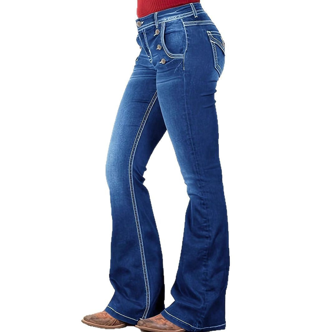 Ladies' Waist-Cinched Bootcut Jeans with Decorative Button Appliqué and Contrast Stitching Chichicherry