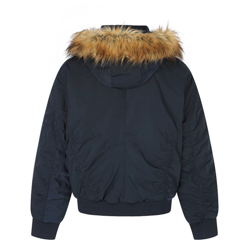 Women's short-cut bomber jacket with faux fur hood and eyelet application Chichicherry
