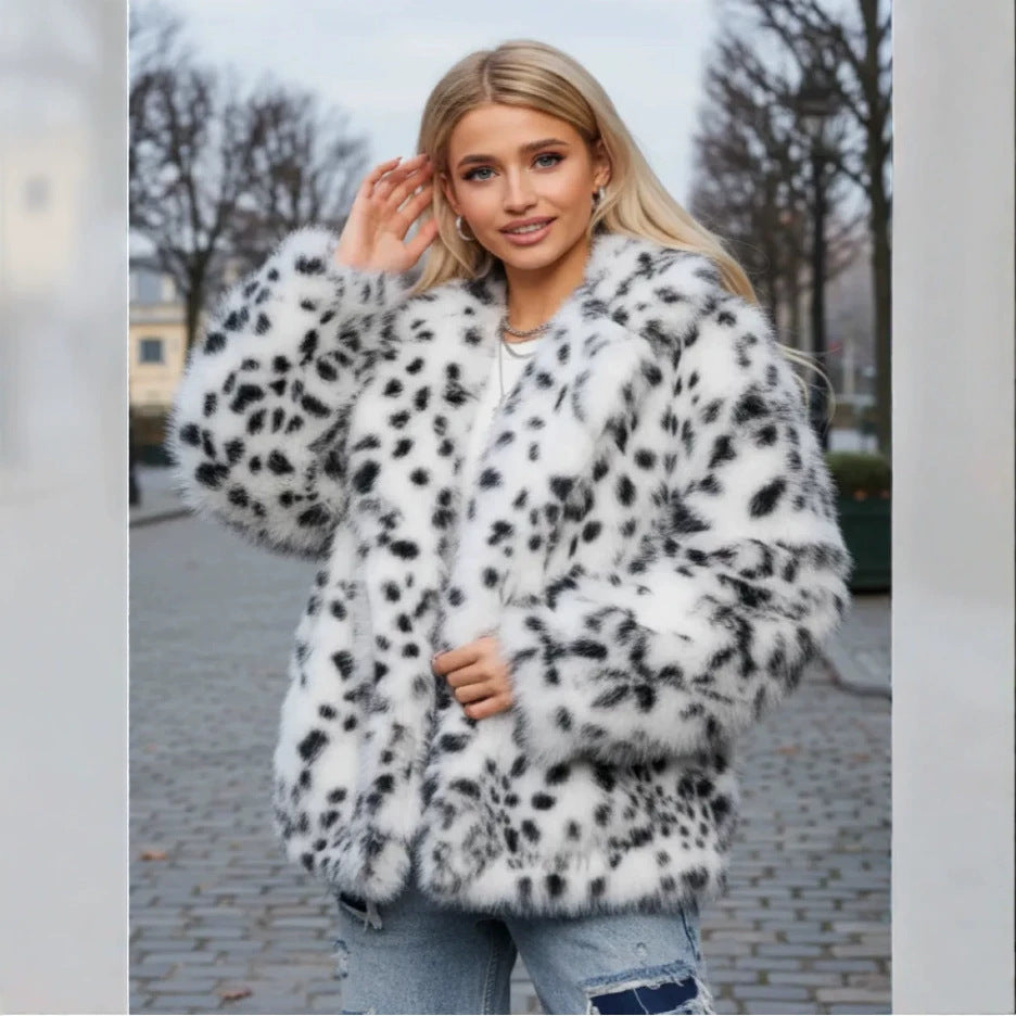 Women Short Hooded Faux Fur Jacket with Boxy Silhouette and Polka Dot Shaggy Texture Chichicherry