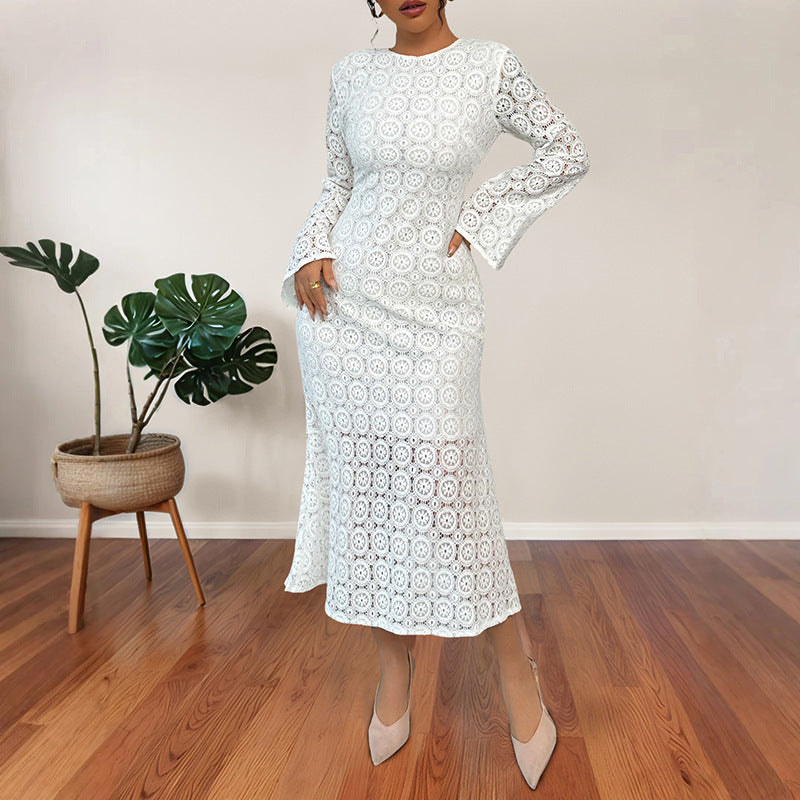 Ladies' midi dress made of crochet lace with a fitted silhouette, trumpet sleeves, and flared hem Chichicherry