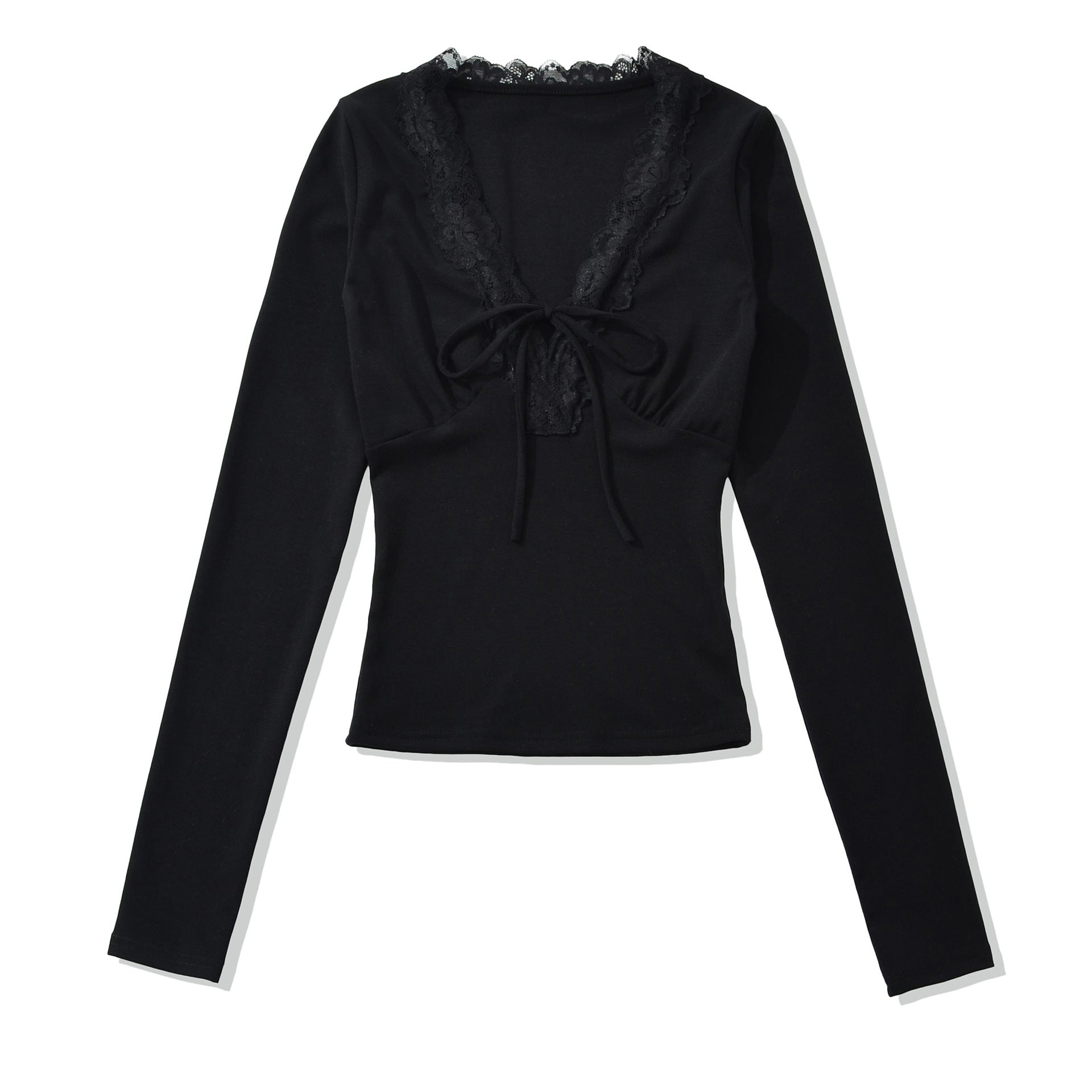 Women's Long Sleeve Shirt with Lace V-Neck and Tie Band Chichicherry