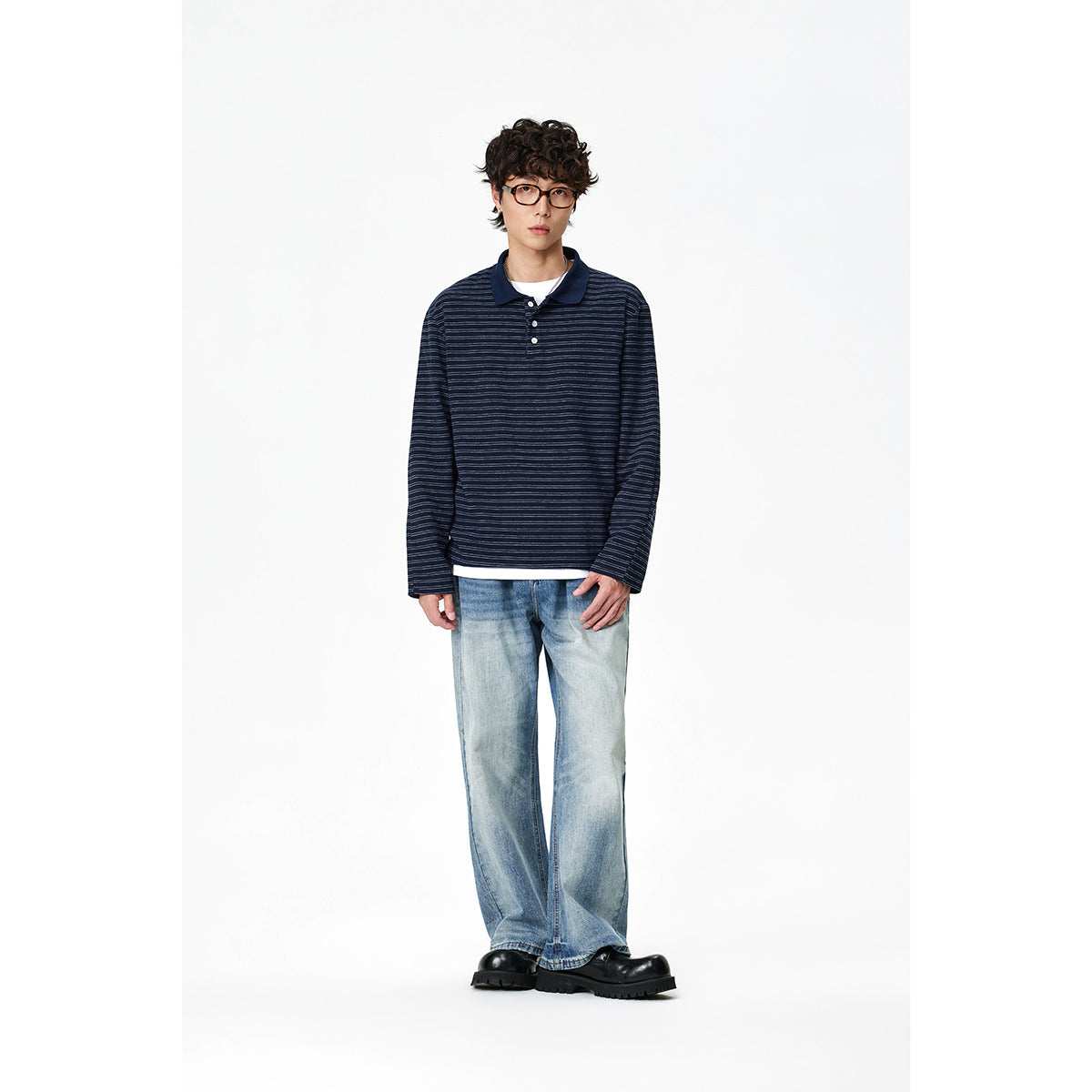 Men's long-sleeve polo shirt made of fine cotton knit with a kent collar and fine stripe texture Chichicherry