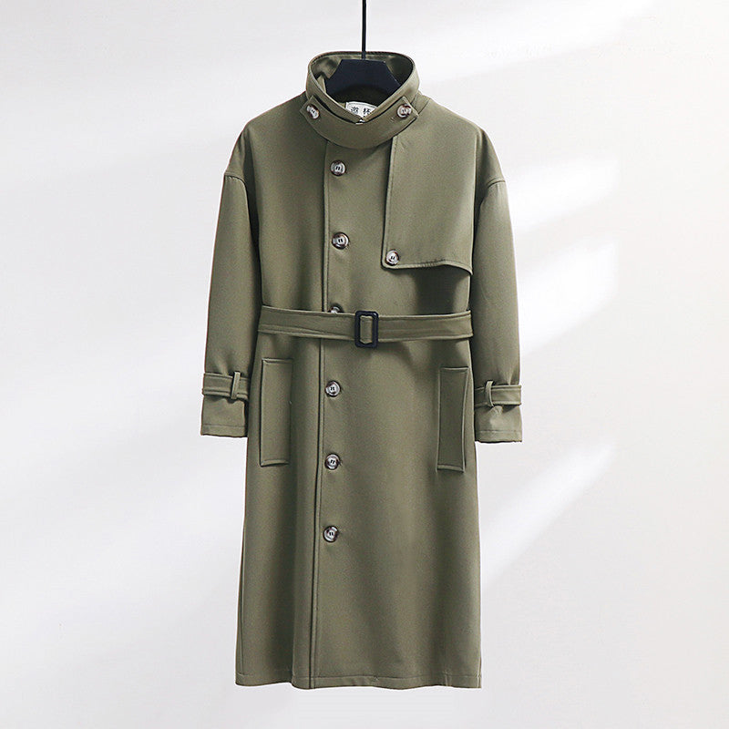 Men's trench coat in modern wool blend with belt, shawl collar, and patch pockets Chichicherry